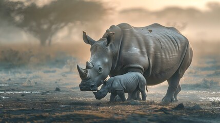 Fototapeta premium Mother and baby rhino getting ready to drink