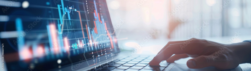 Aufkleber the hands of a financial advisor gesturing towards a financial growth chart on a laptop screen, with