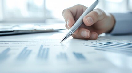A close-up of a financial advisor's hand holding a pen, poised over a detailed financial planning document, with ample copy space for text or design elements.
