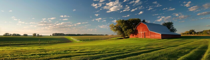 Obraz premium Beautiful rural landscape with a red barn on a sunny day, showcasing expansive green fields and a clear blue sky in the background.