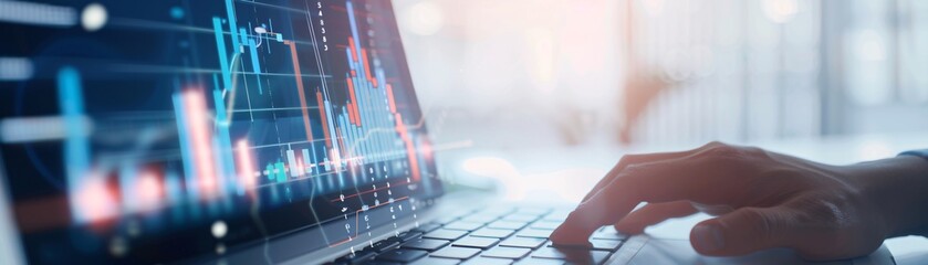 The hands of a financial advisor gesturing towards a financial growth chart on a laptop screen, with copy space for additional content.