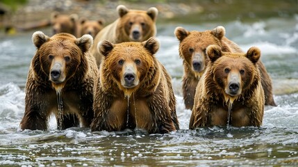 Group of Alaskan brown bears fishing in river
