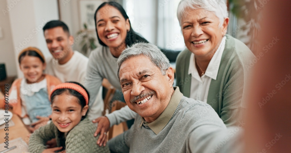 Wall mural Family, home and smile with selfie for lunch in table for memories, profile picture and social media. People, generations and parents with kids on portrait for love, support and care for thanksgiving