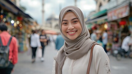 Fototapeta premium Warmly Smiling Hijab Wearing Female Tour Guide in Casual Outfit Posing in Front of Famous Tourist Attractions, Exuding Enthusiasm for Tourism