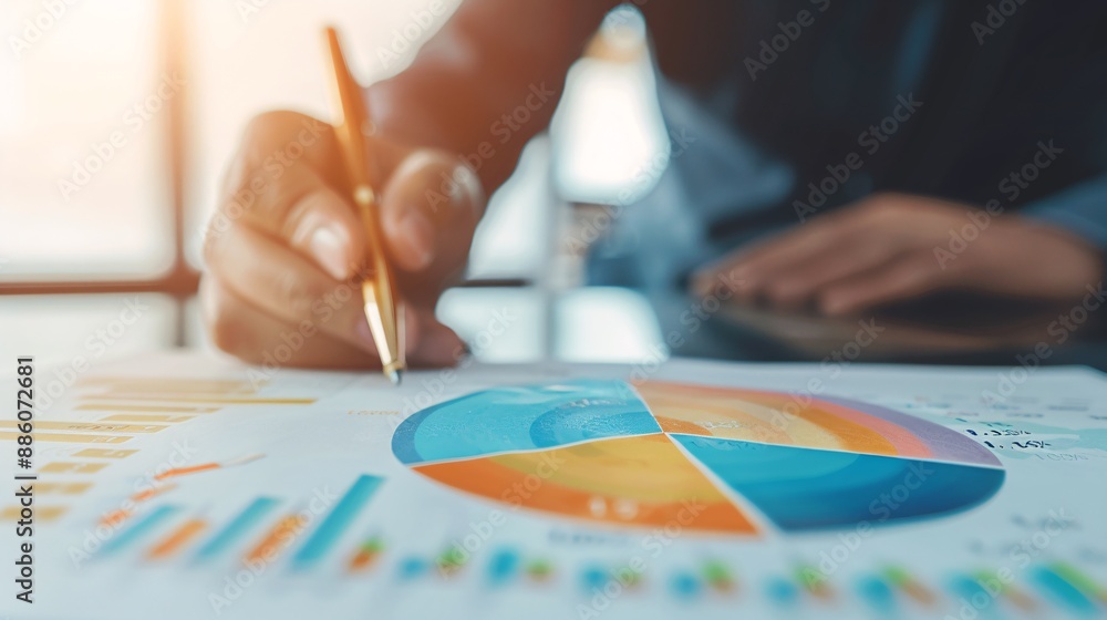 Poster close-up of a financial advisor analyzing a pie chart with financial data, with ample copy space for