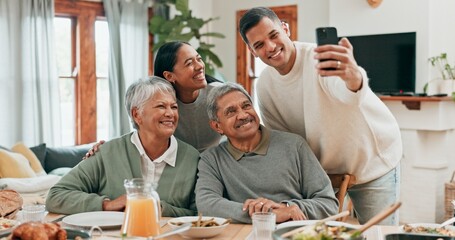 Family, house and smile with selfie for lunch in table for memories, profile picture and social media. People, .food and parents with bonding for love, support and care with thanksgiving gathering
