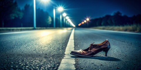 A dimly lit deserted highway at night with only a solitary shoe lying on the ground, symbolizing the dark reality of human trafficking.