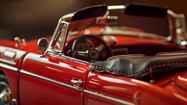 A closeup of a miniature convertibles convertible top complete with tiny stitching and a detailed latch.