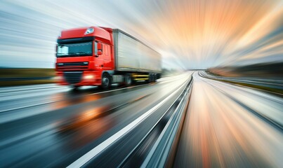 Speeding Truck on Highway. Truck in Motion. Fast Moving Semi Truck. for transportation, logistics, automotive themes, freight, delivery, commercial transportation, trucking industry, highway scenes.