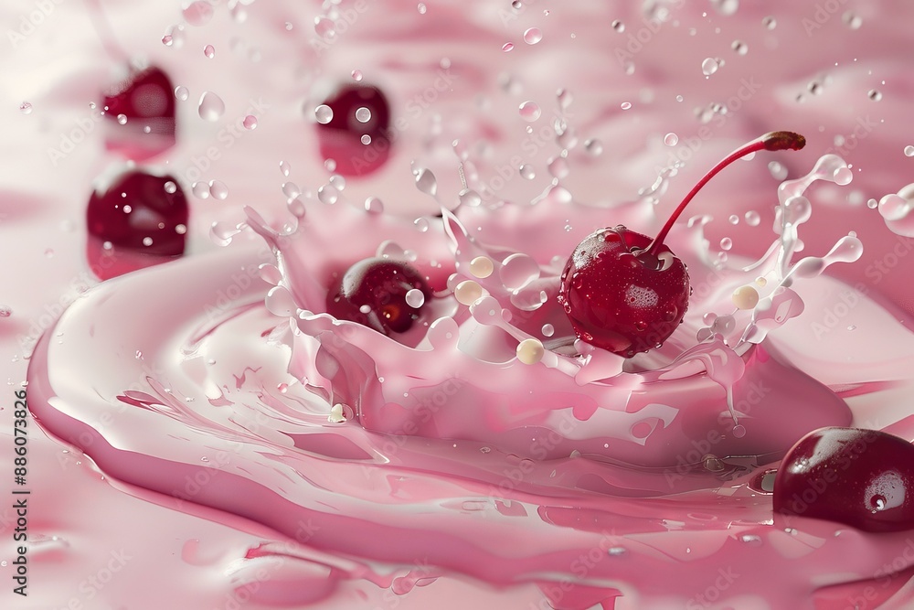 Wall mural red cherries splashing into pink liquid creating a crown splash