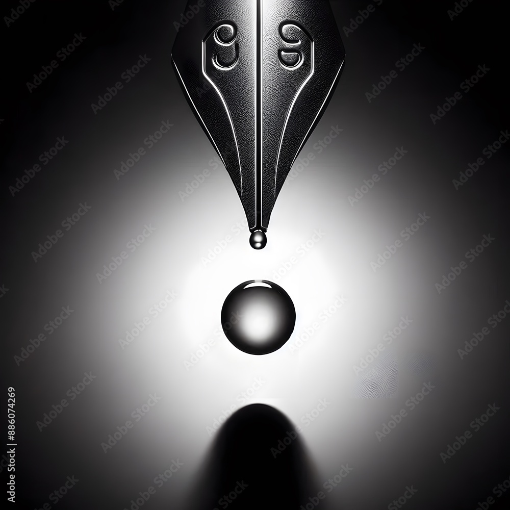 Poster close-up of a pen tip with a single drop of ink suspended in mid-air against a high-contrast backgro