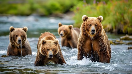 Obraz premium Group of Alaskan brown bears fishing in river