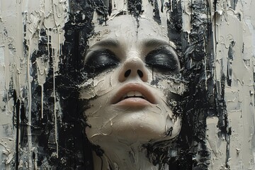 In a bold abstract piece, the image portrays a woman's head in monochromatic black, with her features merging seamlessly with an intricately detailed skull, embodying the fusion of beauty.