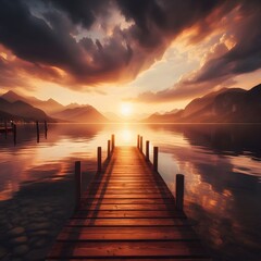 Obraz premium lakeside scene during sunset, featuring a wooden pier leading into the calm water with mountains in the background Generated by AI