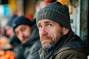 Group of people at a food bank, symbolizing economic hardship during recession