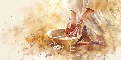 Jesus washing feet illustration on Maundy Holy Thursday. Two figures in religious context, kneeling and standing. Watercolor style with neutral background, beige colors. Dreamy atmosphere.
