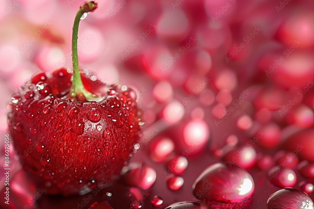 Poster single ripe red cherry covered with water droplets on a reflective red surface with a bokeh effect