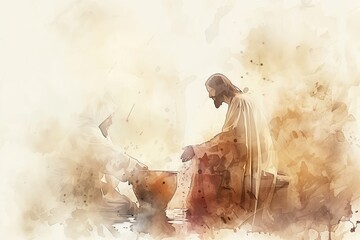 Obraz premium Jesus washing feet illustration on Maundy Holy Thursday. Two figures in religious context, kneeling and standing. Watercolor style with neutral background, beige colors. Dreamy atmosphere.