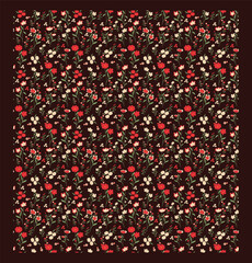 Cute seamless floral pattern in small red flowers with green leaves