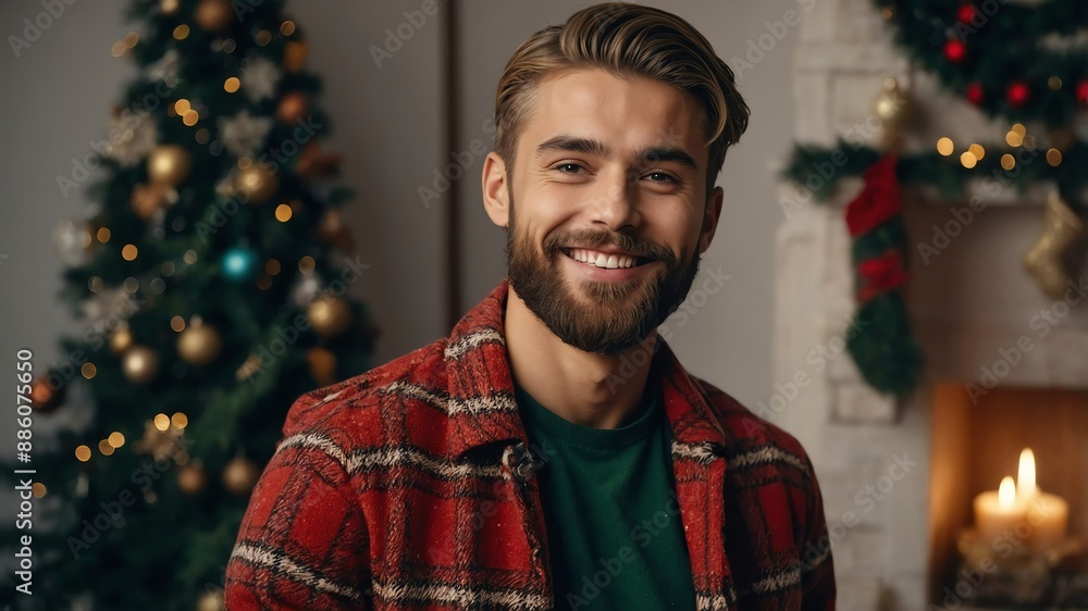 Poster young handsome bearded guy model posing smiling in christmas celebration concept pictorial photoshoo