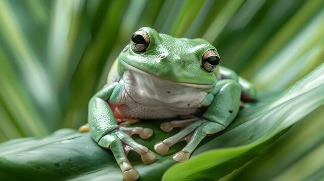 Australian white tree frog on leaves