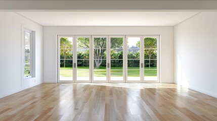 A large window with a view of trees and a white room