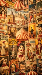 Vintage circus and carnival posters collage with a bearded man in the center