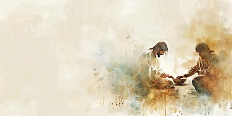 Jesus washing feet illustration on Maundy Holy Thursday. Two figures in religious context, kneeling and standing. Watercolor style with neutral background, beige colors. Dreamy atmosphere.