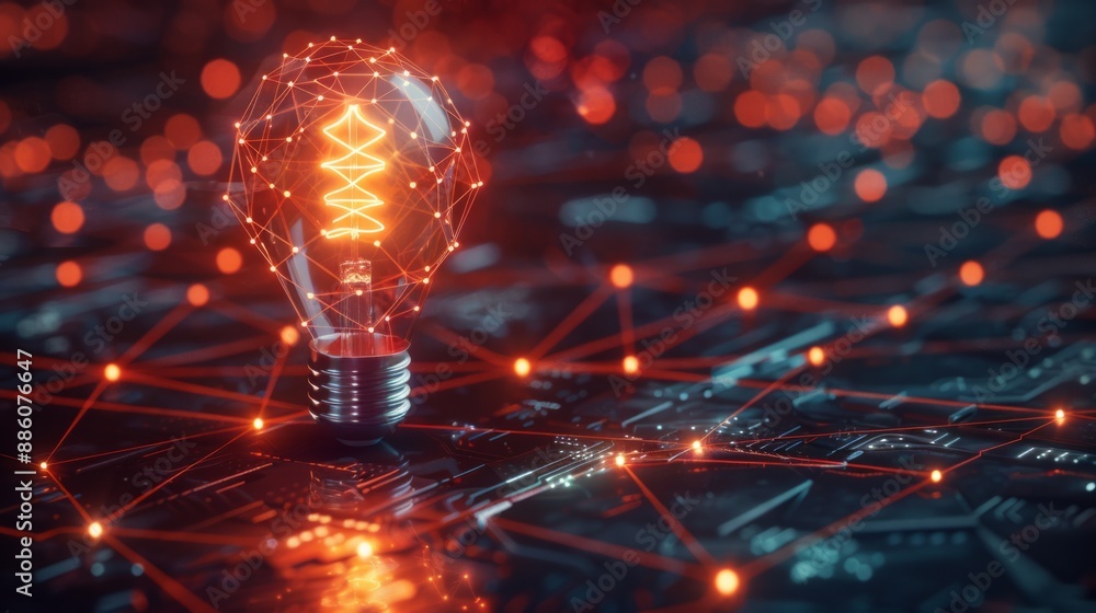 Aufkleber 3d rendering of a glowing light bulb with a network connection concept on a dark background