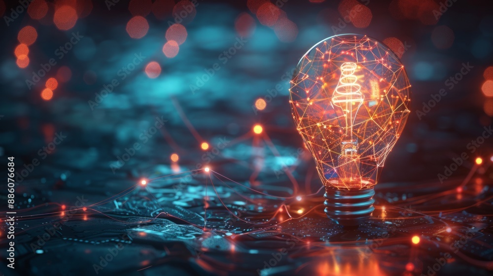 Aufkleber 3d rendering of a glowing light bulb with a network connection concept on a dark background