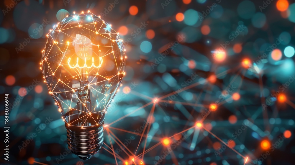 Aufkleber 3d rendering of a glowing light bulb with a network connection concept on a dark background