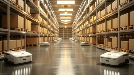 A warehouse with three robots in the middle of the room