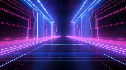 3D abstract tunnel with neon lights. 3d illustration