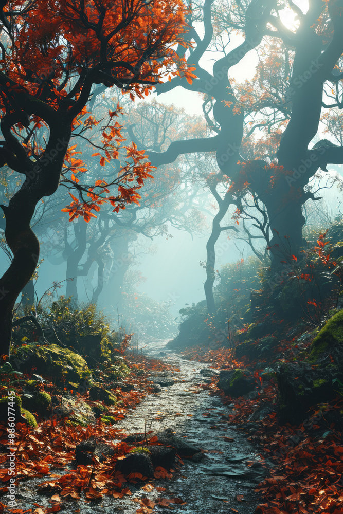 Poster misty forest path with red autumn leaves and twisted trees