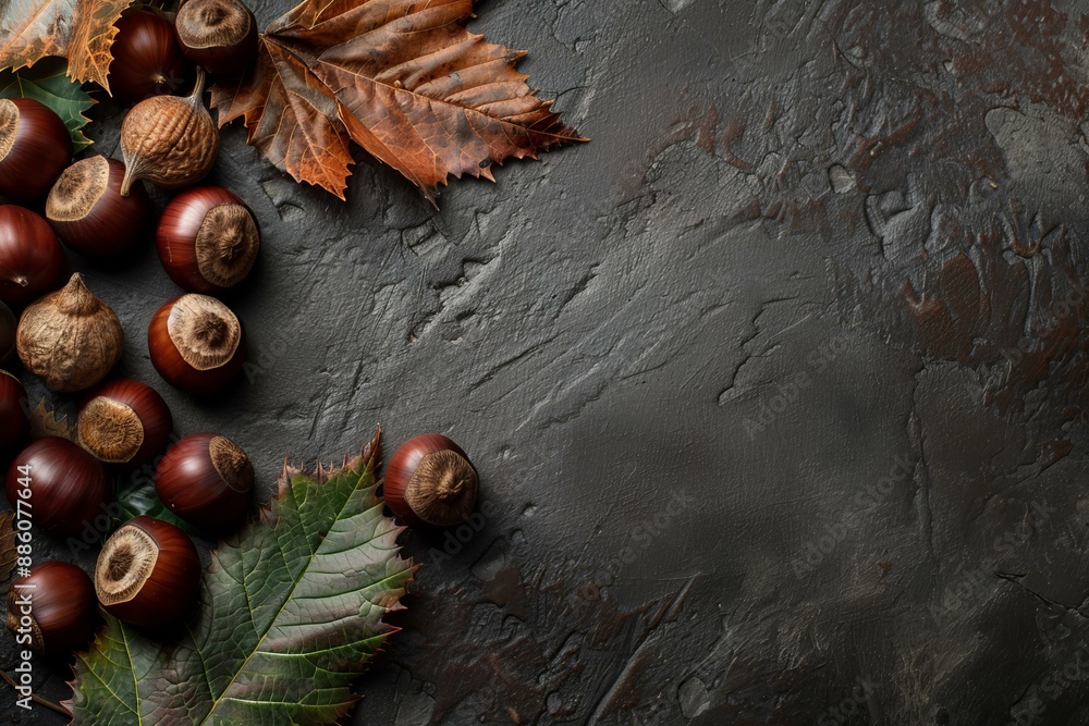 Aufkleber autumn composition with chestnuts and dry leaves forming a frame on dark background with copy space