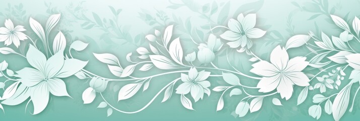 Fototapeta premium A banner with a mint green background featuring a delicate white flower arrangement with vines and leaves