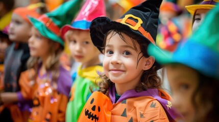 Fototapeta premium Classroom with kids in imaginative Halloween costumes enjoying a parade, school Halloween, fun and inclusive environment