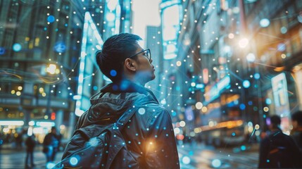 Man in a city surrounded by glowing blue lights and network connections