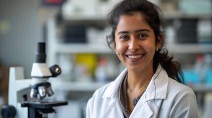 Smiling female biologist in lab coat at biology laboratory with microscope, showcasing research passion, waist up view, ideal for science-focused microstock images