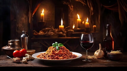 spaghetti bolognese with cheese and red wine on the table