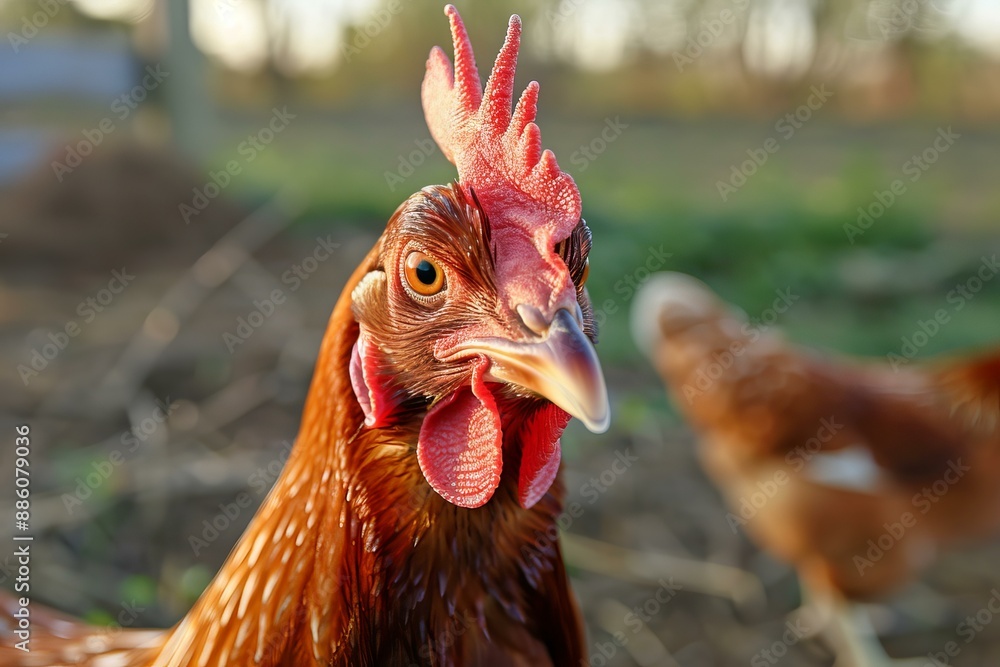 Poster curious hen looking directly at viewer in a farm setting