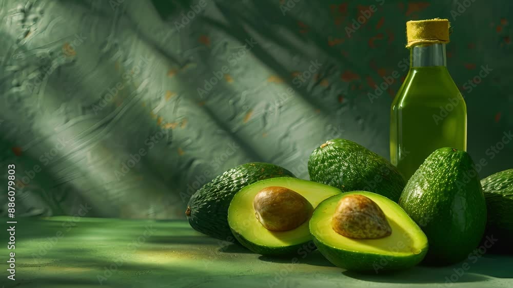 Poster a group of avocados with one sliced open revealing the creamy texture and rich color of the fruit wh