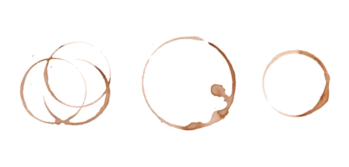 A set of round coffee spots, splashes from a cup on a white background, hand-drawn, watercolor illustration. Elements for design, menu design, tablecloths. The trace is dirty from the drink 
