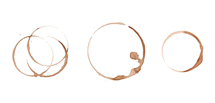 A set of round coffee spots, splashes from a cup on a white background, hand-drawn, watercolor illustration. Elements for design, menu design, tablecloths. The trace is dirty from the drink 