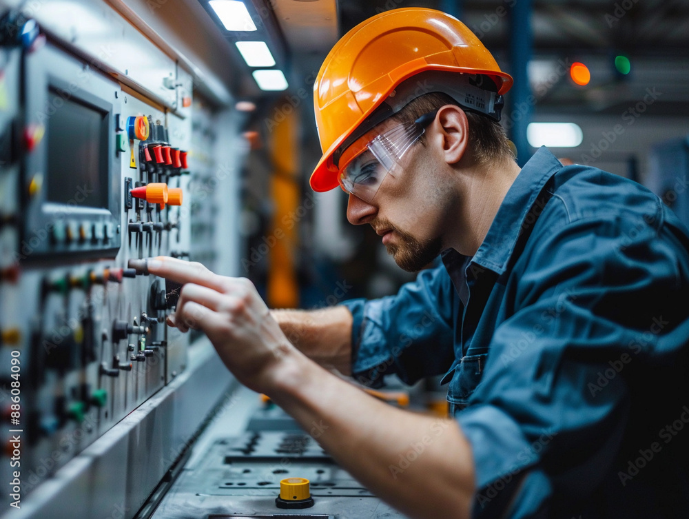 Aufkleber industrial worker operating control panel in factory setting