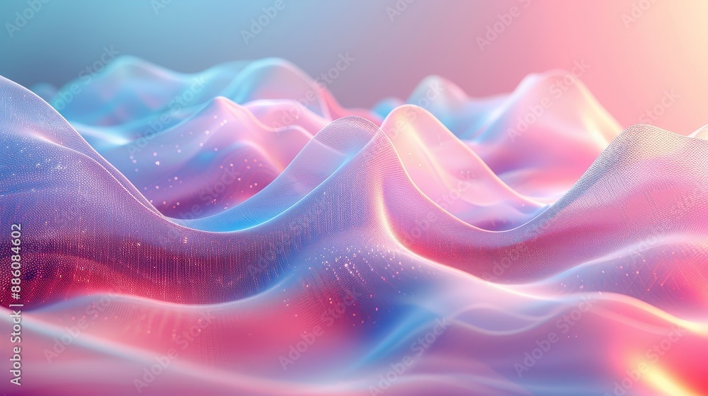 Poster an abstract background featuring colorful, wavy fabric-like structures with a soft gradient of pink,