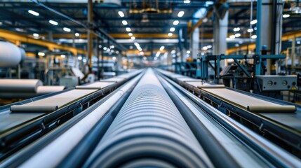 Fototapeta premium Long perspective of automated fabric production lines in a modern industrial setting, featuring advanced technology.