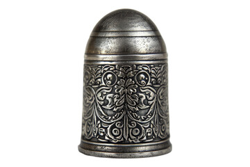 A small ornate silver thimble isolated on transparent background