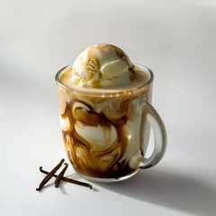 a white vanilla flower at the base of the glass, on top of the vanilla beans