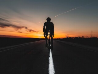 Obraz premium Cyclist on a country road at sunset